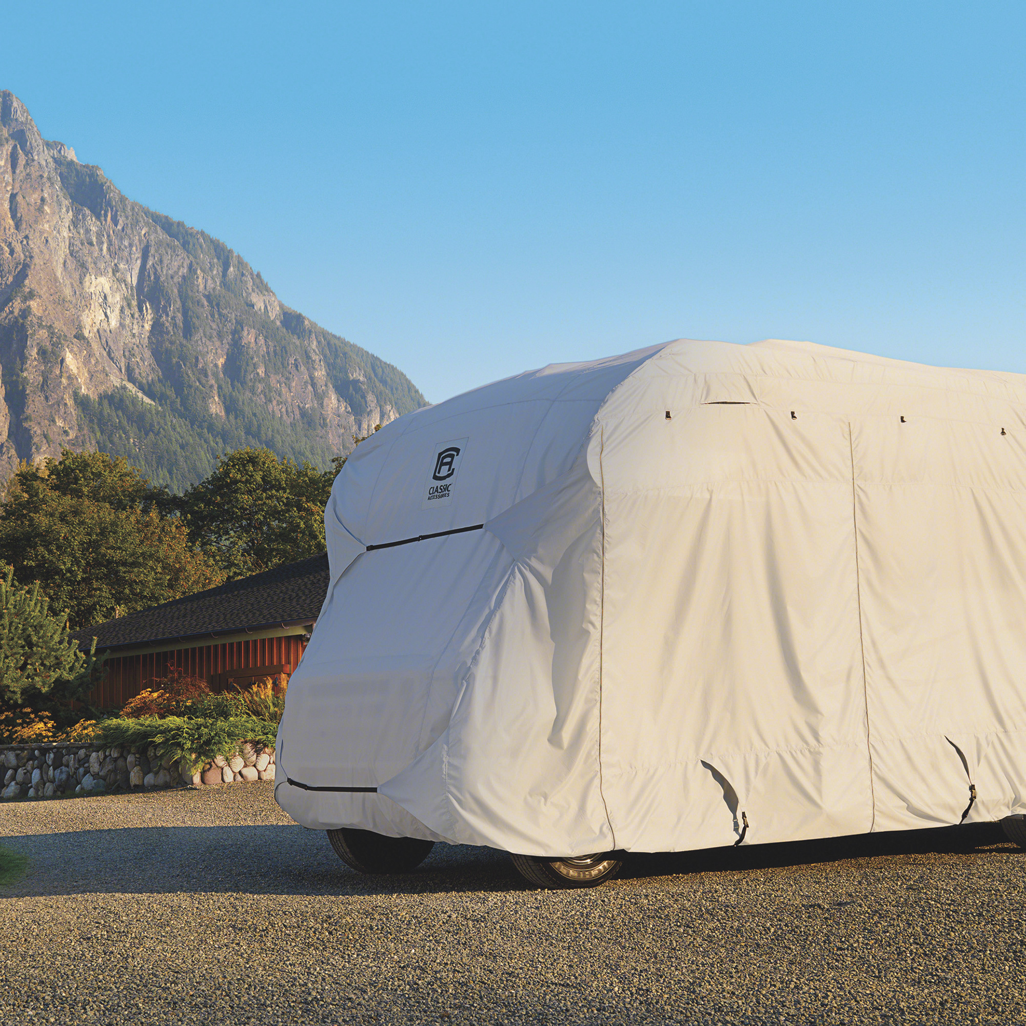 Classic Accessories Overdrive PolyPRO 3 Deluxe Class A RV Cover, Gray and White, Fits 30ft.L-33ft.L x 130in.H RVs, Model# 80-336-183101-RT